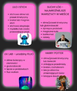 Tematy urodzin dla dzieci: Lilo i Stich, Suchy lód, UV LAB, harry potter