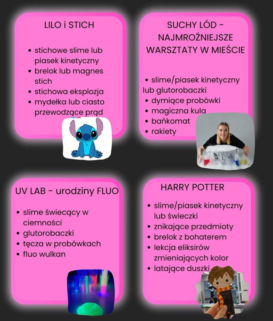 Tematy urodzin dla dzieci: Lilo i Stich, Suchy lód, UV LAB, harry potter