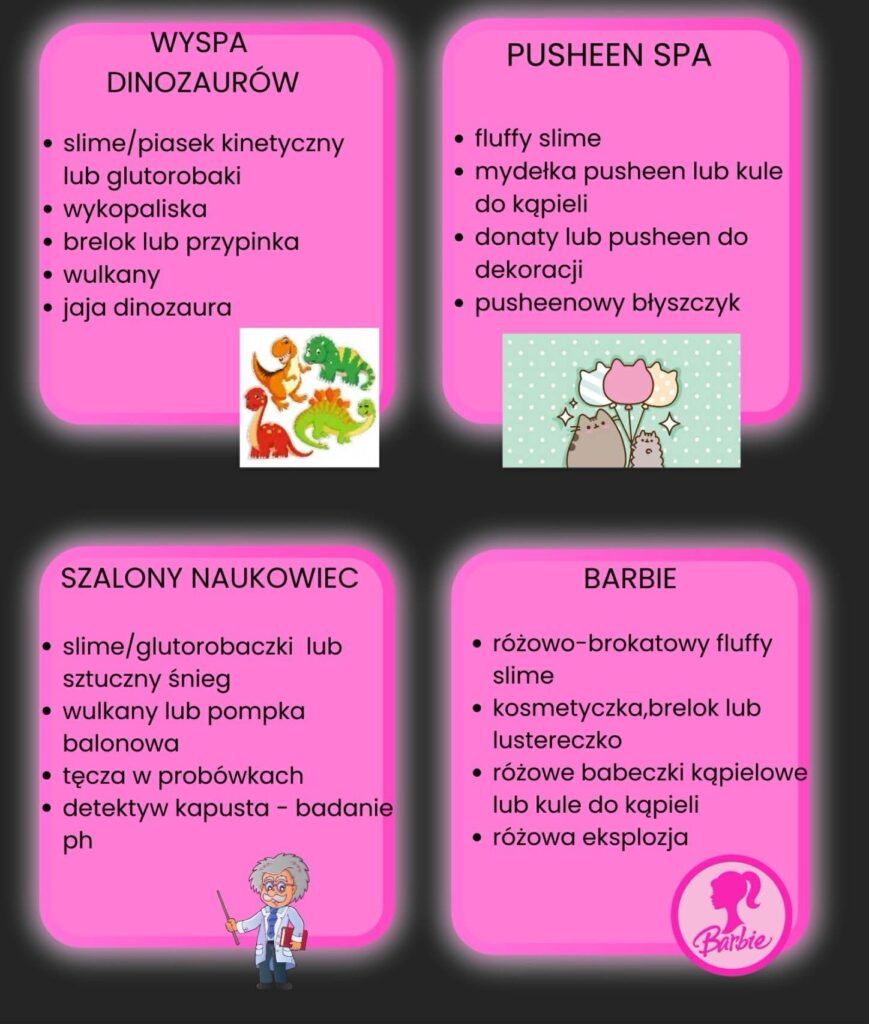 Tematy na zdjęciu: Pusheen spa, wyspa dinozaurów, szalony naukowiec, Barbie