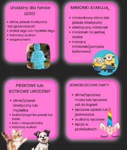Tematy urodzin: Minionki, lego, jednorożcowe party, pieski i kotki