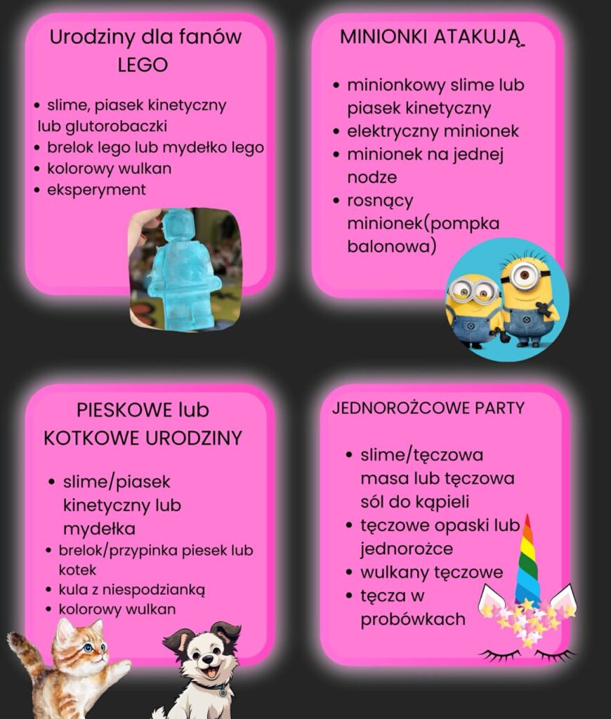 Tematy urodzin: Minionki, lego, jednorożcowe party, pieski i kotki