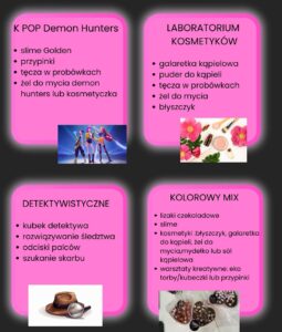 Lista temetów przewodnich urodzin dla dzieci: K POP demon hunters, laboratorium kosmetyków, detektywistyczne, kolorowy mix