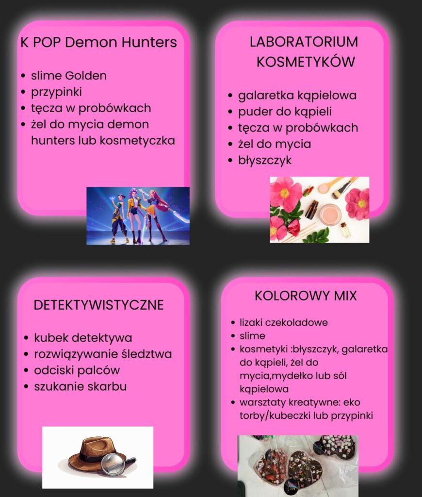 Lista temetów przewodnich urodzin dla dzieci: K POP demon hunters, laboratorium kosmetyków, detektywistyczne, kolorowy mix
